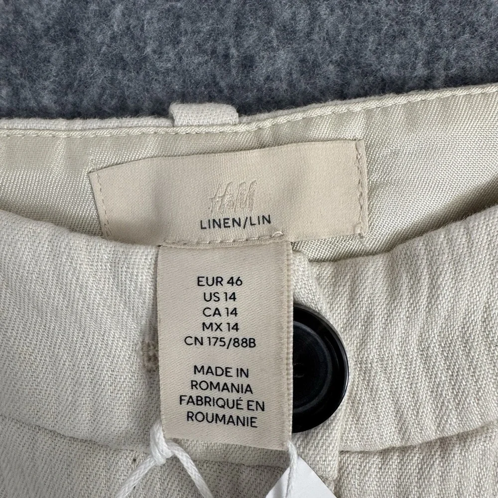 H&M White Linen Wide-Leg Women's Dress Pants, Size 14, Zipper, Flat Front